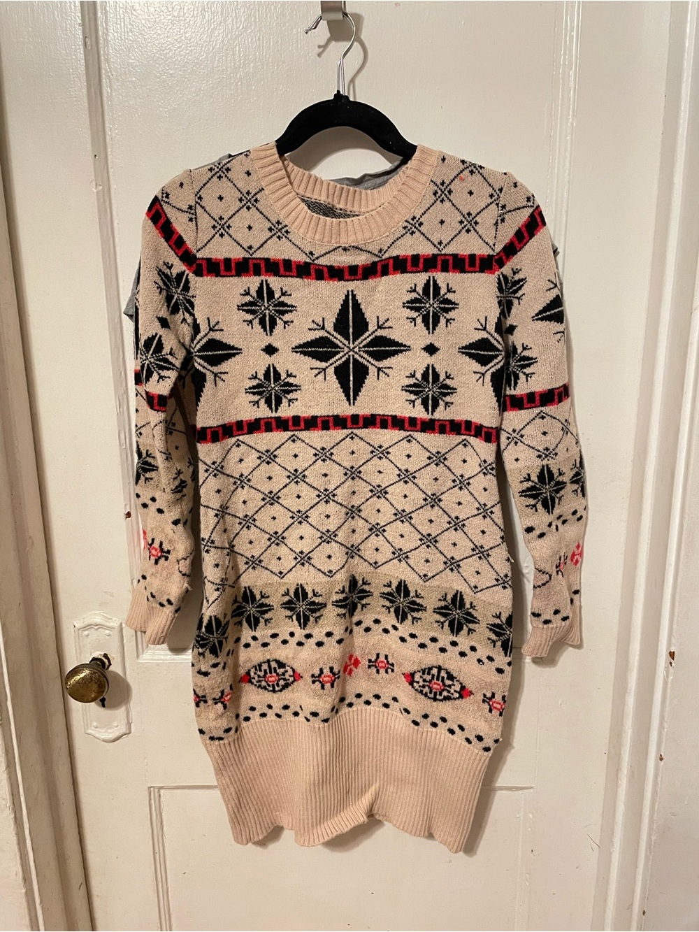 Cream Nordic-Pattern Knit Sweater Dress